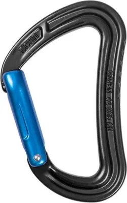 Schnappkarabiner "Raven Straight" von Ocun in Schwarz mit blauer Schnappvorrichtung.