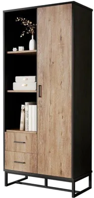 Immagine prodotto di Mobile contenitore alto, 80x40x180 cm, effetto legno, con due cassetti e tre vani aperti