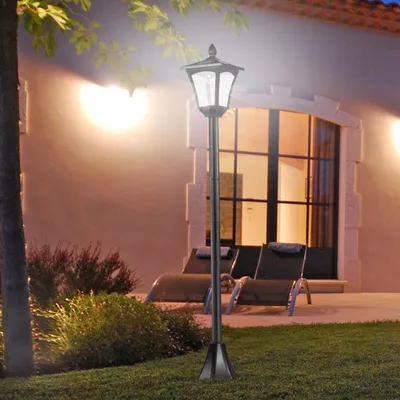 Image de Lampe de jardin solaire sur pied, lampe solaire d'extérieur, photophore en acier inoxydable, noir | 160 cm de haut | 30 lm | IP44, résistante aux intempéries