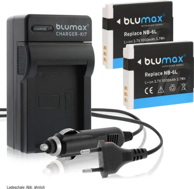Produktbild von 2x Akku + Lader für Canon NB-6L PowerShot SX270 HS, SX280 1000 mAh (3,7V)