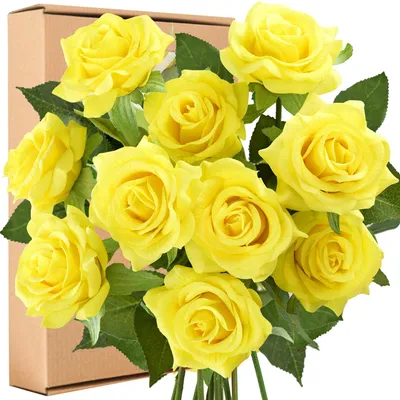 10 Kunstrosen gelb, Echt-Touch, Blumenstrauß, Hochzeit, Dekoration