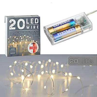 LED-Lichterkette, 20 warmweiße LEDs, Mikrodraht, Timer, silber