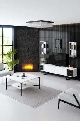 Produktbild von Skye Decor, Black Line Set - White, Black, Wohnzimmermöbel-Set, Weiß, 100 % MELAMINBESCHICHTETE SPANPLATTEN, 180 x 30 x 48 cm