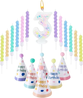 Productafbeelding van 12 kleurrijke verjaardagskaarsen getal 3 macaronkleuren + 6 verjaardagshoedenset, complete set voor kinderverjaardagsdecoratie, taartdecoratie