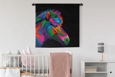 Produktbild von MuchoWow® Wandteppich Wandbehang Pferd - Rot - Lila - Mädchen - Kinder - Mädchen 90x90 cm Tapisserie Dekoration Wandtuch - Wandaufhänger