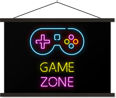 Produktbild von MuchoWow® Textilposter Controller - Spiel - Neon - Schwarz - Zitate - Spielzone 90x60 cm mit schwarzem Rahmen - Aufhängungssatz