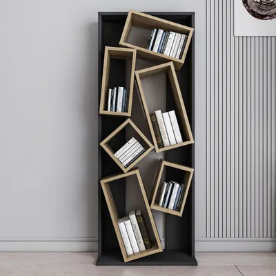 Produktbild von Skye Decor, Moderner Bücherregal in Schwarz und Eiche, 63 x 153,6 x 24 cm | 100% melaminbeschichtete Spanplatte, 18 mm dick | Stilvolles und funktionales Design für Ihr Zuhause.