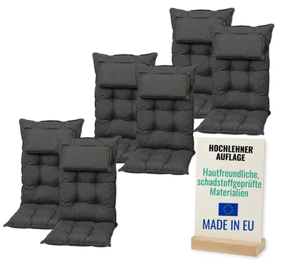 Produktbild von Pillows24 - 6x Gartenstuhlauflagen aus 6 cm Dicker Schaum Vliesfüllung für Gartenmöbel [ 120 x 50 cm ] - Sitzkissen Outdoor - Grau mit Beckkissen