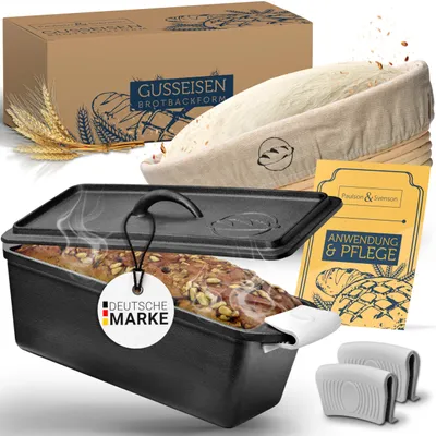 Produktbild von Brotbackform mit Deckel inkl. Gärkorb & Silikongriffe - Brotform aus Gusseisen zum Backen, Kochen, Grillen - Brottopf/Gusstopf in Kastenform