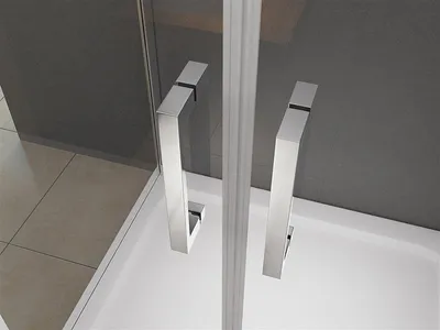 Close-up of two modern, square shower door handles on a shower cabin.
