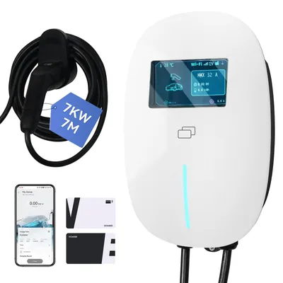 Produktbild von Puluomis Wallbox Ladestation 7kW Ladekabel 7m Typ 2 mit Halter, EV Ladegerät 1-phasig 6-32A einstellbar, IP65 mit Wlan & Bluetooth 24h Timer weiß