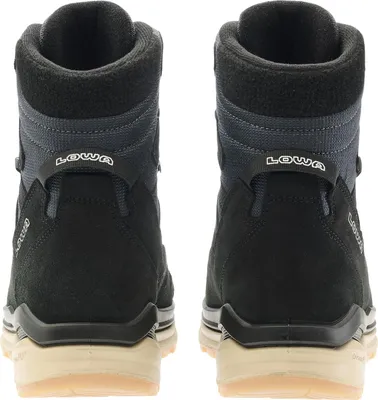A pair of black winter boots shown from the back.