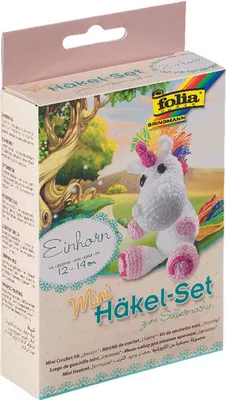 Produktbild von folia 23910 - Mini Häkelset Einhorn, Komplettset zur Erstellung von einem selbst gehäkelten niedlichen Einhorn, ca. 12 - 14 cm groß, für Kinder ab 8 Jahren und Erwachsene, als Geschenk