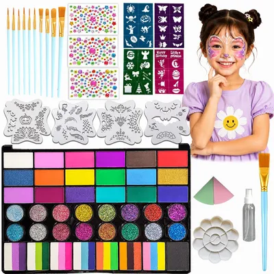 Produktbild von Kinderschminke - 26-teilig - 42 Farben - mit Split-Cake, Glitzer und UV-Farben - mit Pinseln, Schablone - für Halloween, Partys und Weihnachten