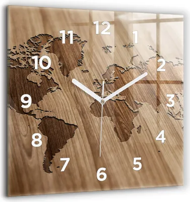 Produktbild von Wallfluent Große Wanduhr – Stilles Quarzuhrwerk - Uhr Dekoration Wohnzimmer Schlafzimmer Küche - Zifferblatt - weiße Zeiger - 60 cm - Weltkarte auf Holz