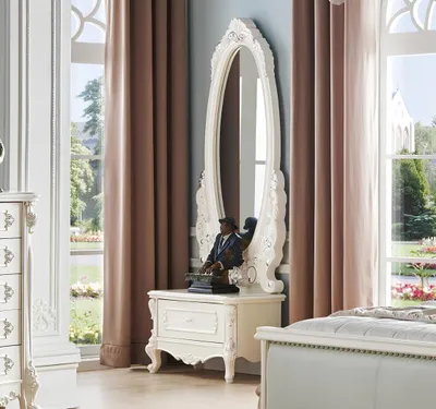 Produktbild von Klassischer Echtholz Spiegel Großer Standspiegel Barock Rokoko Steh Oval Weiß