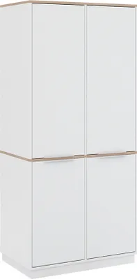 A tall, white cabinet with wooden accents.