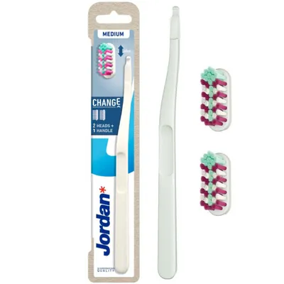 Obrázek produktu pro Jordan Change Medium – ruční zubní kartáček – systém vyměnitelných hlavic – 2 náhradní hlavice – ochranný kryt – středně tvrdé štětiny