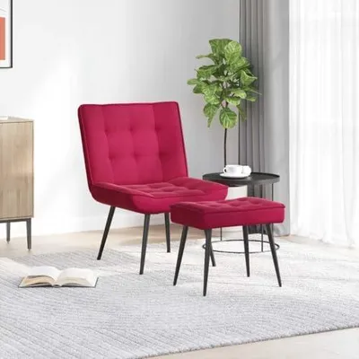 Produktbild von Weinroter Relaxsessel aus Samt mit Hocker, Polsterung, Metallgestell, verstellbarer Rückenlehne und Armlehnen für Wohnzimmer, Büro, Balkon und Terrasse