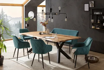 Produktbild von SalesFever 6-tlg. Akazie-Essgruppe 220x110 cm | Platte 35 mm Akazie | Metallgestelle | 4 Stühle & 1 Bank in Samt-Optik | natur – schwarz – tannengrün