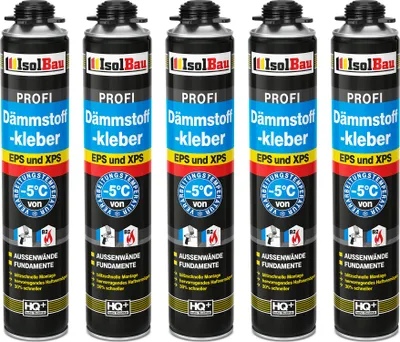 Produktbild von Isolbau B2 Dämmstoffkleber - 5 x 750 ml Perimeterkleber für EPS- & XPS-Platten - 1K PolyurethanKlebeschaum für Dämmung und Isolieren