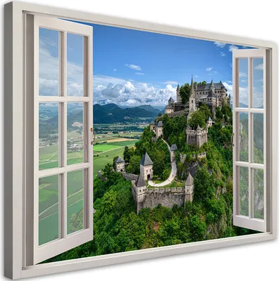 Produktbild von Leinwandbild Blick aus dem Fenster Burg Landschaft Natur 120x80 Feeby Grün bild für die wand bereit zum aufhängen