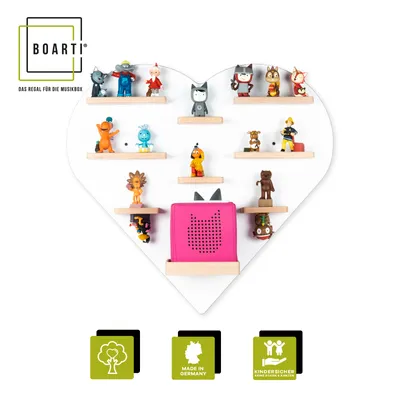 Produktbild von BOARTI Kinderregal Herz | hängend für Toniebox und Tonie Figuren | platzsparendes Regal | H. 51 x B. 54 x T. 19 cm | Wandregal für Musikbox und Figuren Aufbewahrung Magneteinsätzen | Aufbewahrungsregal Holz