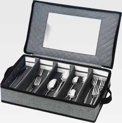 Produktbild von Besteckkasten mit Deckel für Schubladen, Besteckeinsatz Besteckbox Tragbar Besteck Aufbewahrung mit Deckel Verstellbarer Utensilien Organizer für Campin Gurlaub Reisen Küche (42,5x 29,5x 8cm)
