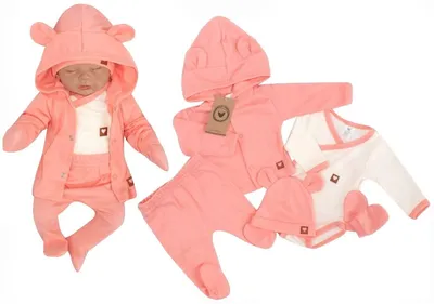 Produktbild von Babykleidung für die Wochenbettstation 5D: Body, Hose, Strampler, Jacke, Mütze, Handschuhe – Pfirsichfarbe, Größe 56