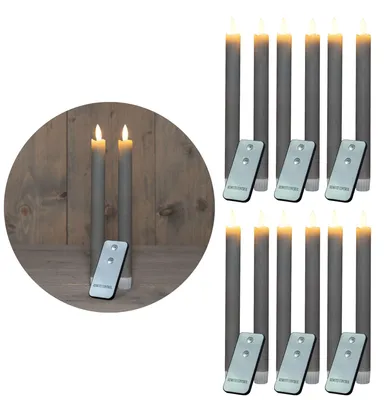 Zdjęcie produktu dla Świece walcowe LED z timerem, kolor szary taupe, 12 sztuk, do użytku w pomieszczeniach, 6 godzin, prawdziwy wosk, wysokość 23 cm, średnica 2,2 cm, wymagane 2 baterie AAA, zestaw 4 świec walcowych LED, 3 rodzaje ruchomego płomienia