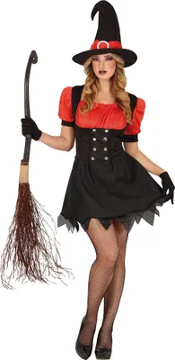 Obrázok produktu pre Čarodejnícky halloweenský kostým Očarujúci čarodejnícky vzhľad Magický nočný outfit Magický klobúk Zvodná mystika Temná elegancia Červené prvky, Veľkosť: 36 - 38 (S) Farba: červená