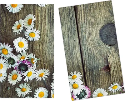 Produktbild von Spritzschutz Herdabdeckplatte Schneidebrett aus Glas Gänseblümchen auf Holz 2-Teilig (60x52cm)