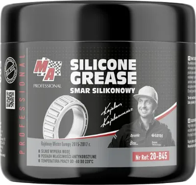 A product shot of a black tub of silicone grease with a label featuring product details, a bearing image, and a portrait of a person.