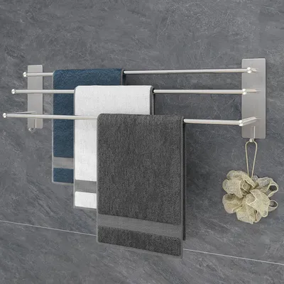 Image de Porte-serviettes à 3 barres, sans perçage, 75 cm, en acier inoxydable SUS304, argenté, avec 2 crochets