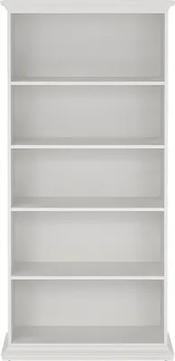 An empty white bookshelf.
