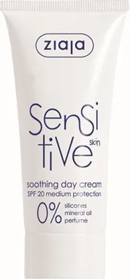 A white tube of Ziaja Sensitive skin soothing day cream with SPF 20.