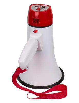 A white and red megaphone with a red strap, isolated on a white background.