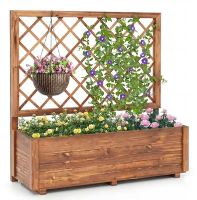 Produktbild von COSTWAY Blumenkasten mit Rankgitter, Hochbeet mit Spalier, Drainagelöchern & Sichtschutz, Pflanzkübel, Pflanzkasten, Blumenkübel, 98x35x101cm, Braun