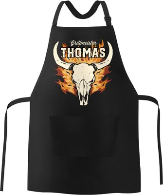 Produktbild von Männer Grill-Schürze Grillmeister personalisiert mit Name Skull Schädel Flammen Baumwoll-Schürze Moonworks® schwarz unisize