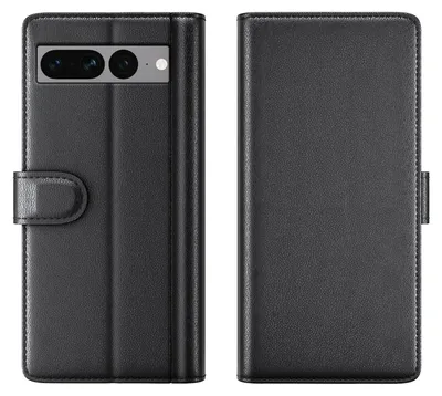 Produktbild von Echtleder Handyhülle für Google Pixel 7 Pro Lederhülle Cover Case Tasche Klapphülle Fliphülle Leder Hülle Farbe: Schwarz