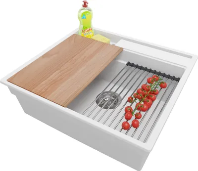 Produktbild von PRIMAGRAN Spülbecken Weiß 58x53cm, Granitspüle 1 Becken + Ablauf-Set + Küchenzubehörset, Küchenspüle ab 60er Unterschrank - Oslo Pocket