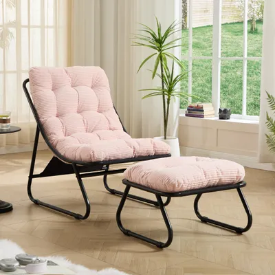Produktbild von Gartenliegestuhl mit Hocker, bequemer Relaxsessel mit weichem Kissen und Fußhocker