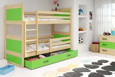 Obrázok produktu pre Detská poschodová posteľ s úložným priestorom a matracom 80x190 FERGUS - borovica / zelená