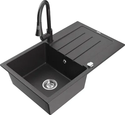Produktbild von Mexen Bruno 1 Becken-Granitspüle mit Abtropffläche und Mischbatterie Elia, Schwarz gesprenkelt - 6513-76-670101-76