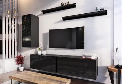 Produktbild von Wohnwand Borneo FMB10 –schwarz – ohne led Beleuchtung, modern, hochglänzend.