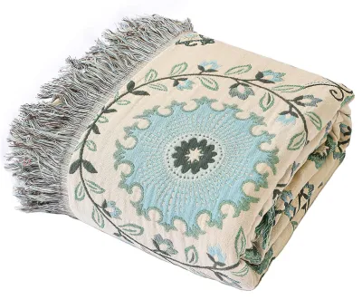Plaid 150x200 cm, 100% Bio-Baumwolle, handgewebt, Boho-Stil, Ringelblumenblau