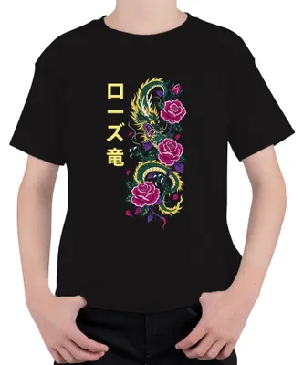 Produktbild von ローズ竜 Japanischer Drache Rosen Tattoo Rose Japan Y2K Irezumi Asia Kinder T-Shirt, Schwarz, 140