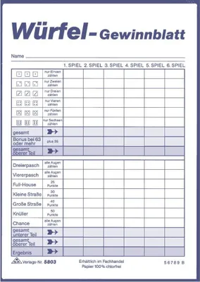 Obrázok produktu pre RNK 3 Verlag Ersatzblock DIN A6 Würfelspiel