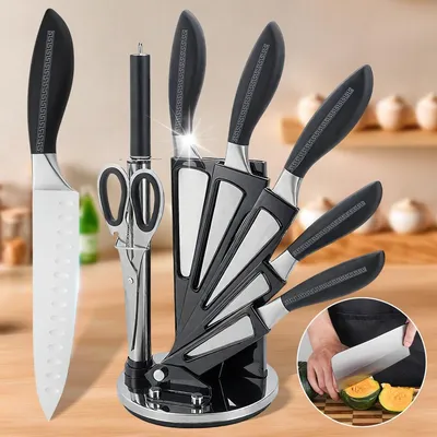 Image de Ensemble de couteaux de cuisine noir, comprenant un bloc à couteaux et des ciseaux