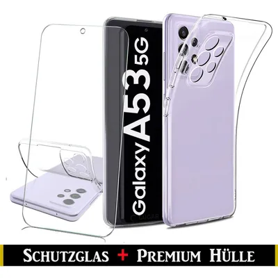 A clear protective case and screen protector for a Samsung Galaxy A53 5G phone, displayed on a white background.